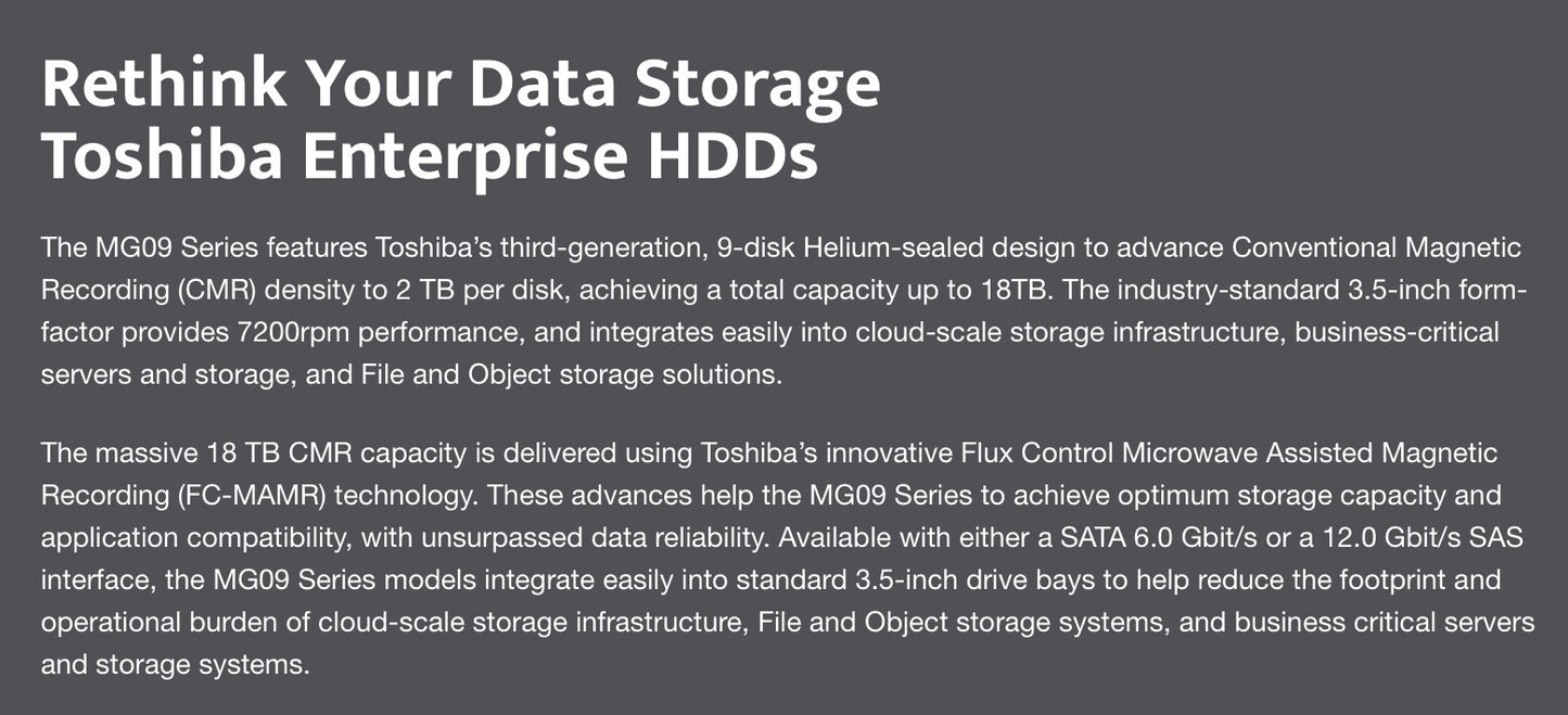 Toshiba 18TB Enterprise HDD MG Series 3.5" SATA 7200RPM